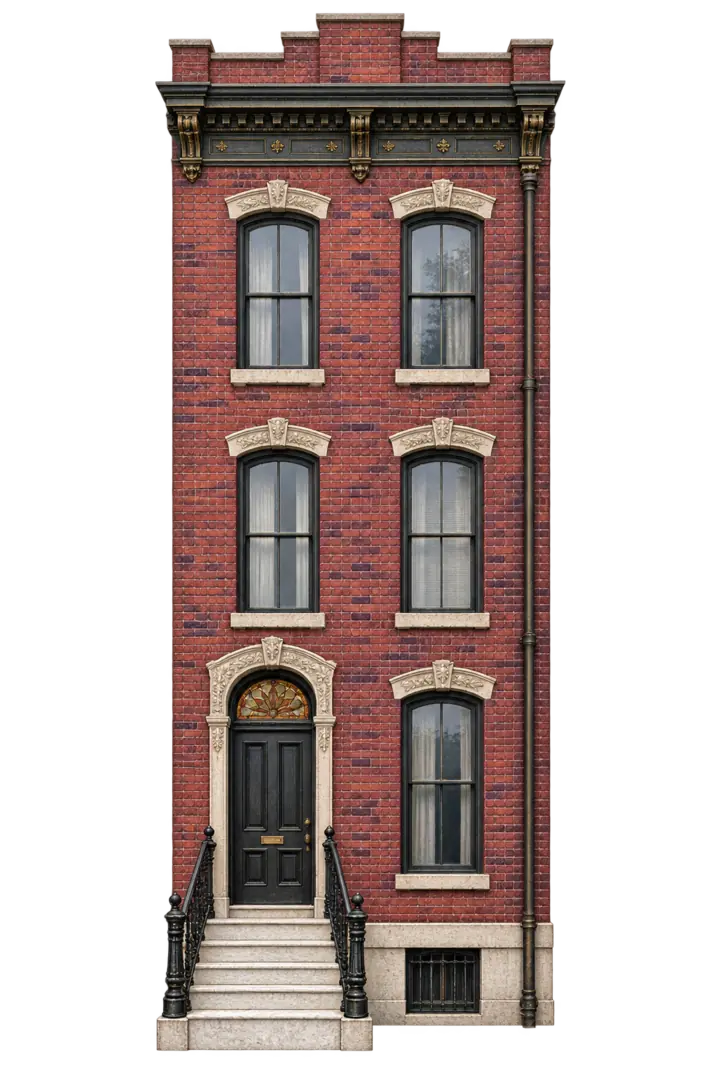 Three-story Baltimore brick rowhouse with tall windows, front door, marble steps and railings